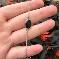 Vintage Sterling Silver Onyx Choker Dainty Chain Necklace Oval - 2