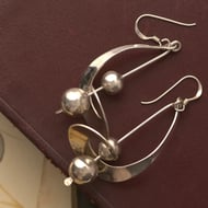 Vintage Elongated Spiral Drop Ball Bead Sterling Silver Earrings Modernist