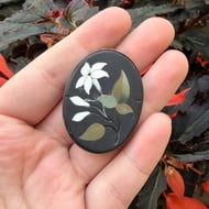 Antique Pietra Dura Sterling Silver Brooch Mourning Mosaic Stone Pin Flower - 3