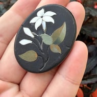 Antique Pietra Dura Sterling Silver Brooch Mourning Mosaic Stone Pin Flower - 4