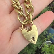 Vintage Heart Padlock Bracelet Heavy Gold Plate Charm Etched Link - 4