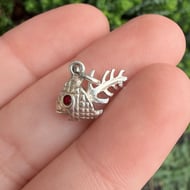 Vintage Silver Fish Bone Charm Pendant Red Eyes - 2