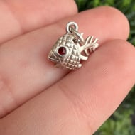 Vintage Silver Fish Bone Charm Pendant Red Eyes - 4