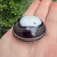 Antique Silver Bullseye Agate Brooch Round Cabochon  - 4