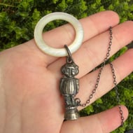 Antique Sterling Silver Baby Rattle Teether Chester Mother of Pearl 1920