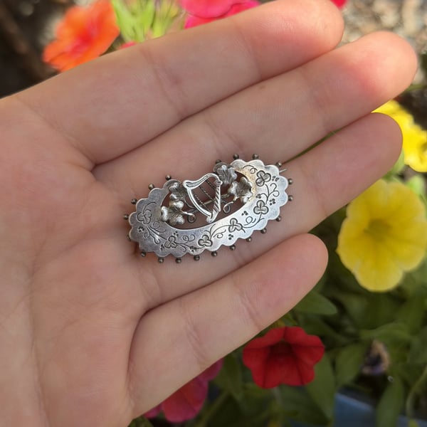 Antique Victorian Sterling Silver Irish Harp Shamrock Brooch Hallmarked 1800s