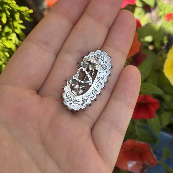 Antique Victorian Sterling Silver Irish Harp Shamrock Brooch Hallmarked 1800s - 2