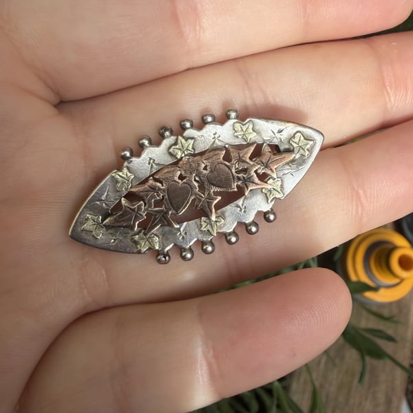 Antique Victorian 1898 Sterling Silver Rose Gold Ivy Leaf Brooch Hallmarked - 2