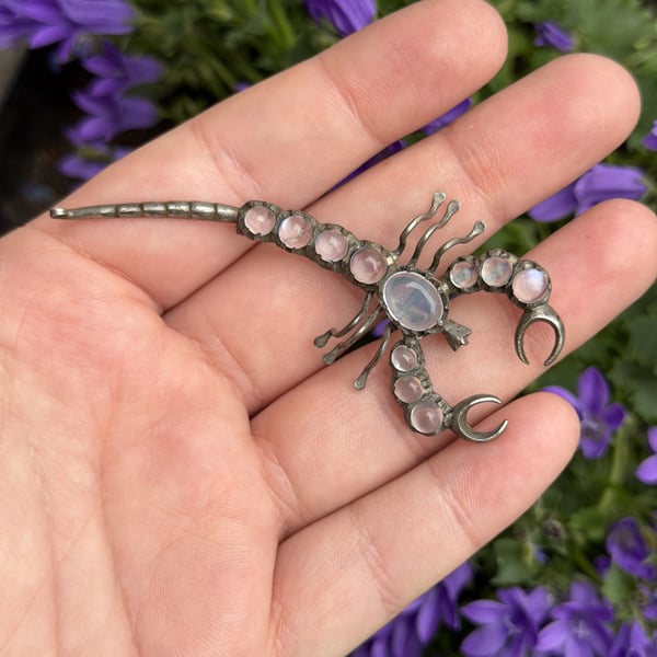 Antique Silver Moonstone Scorpion Brooch Insect Bug Statement Witchy Celestial