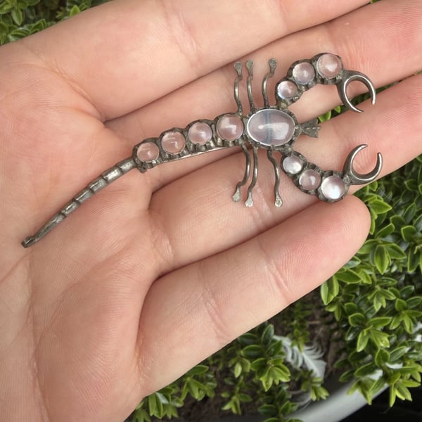 Antique Silver Moonstone Scorpion Brooch Insect Bug Statement Witchy Celestial - 2