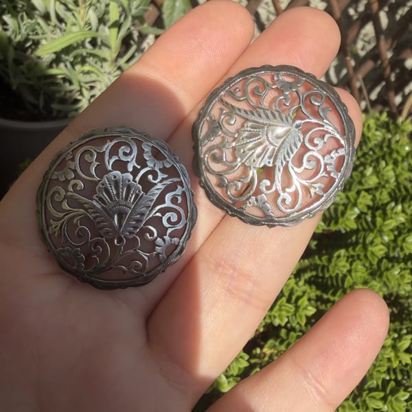 Antique Sterling Silver Hallmarked Buttons Pair Openwork Floral Victorian