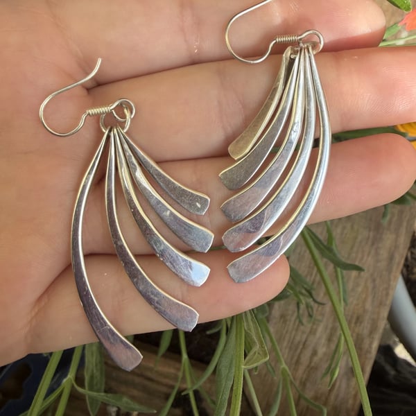 Vintage Taxco Mexico Sterling Silver 925 Wing Fringe Drop Earrings Modernist - 2