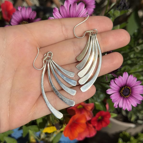 Vintage Taxco Mexico Sterling Silver 925 Wing Fringe Drop Earrings Modernist