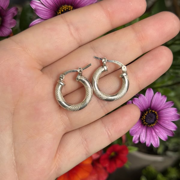 Vintage Italian Sterling Silver 925 Textured Hoop Earrings Small Chunky Italy