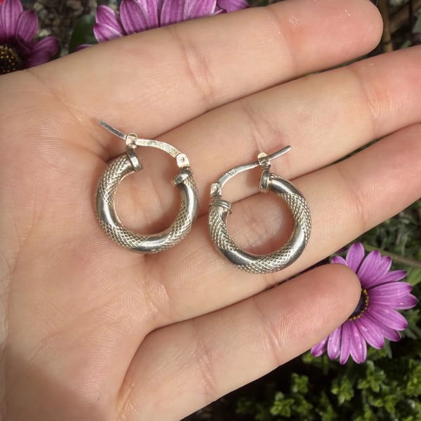 Vintage Italian Sterling Silver 925 Textured Hoop Earrings Small Chunky Italy - 2