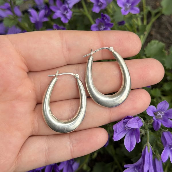 Sterling Silver 925 Oval Chunky Hoop Earrings Graduated Hollow Statement