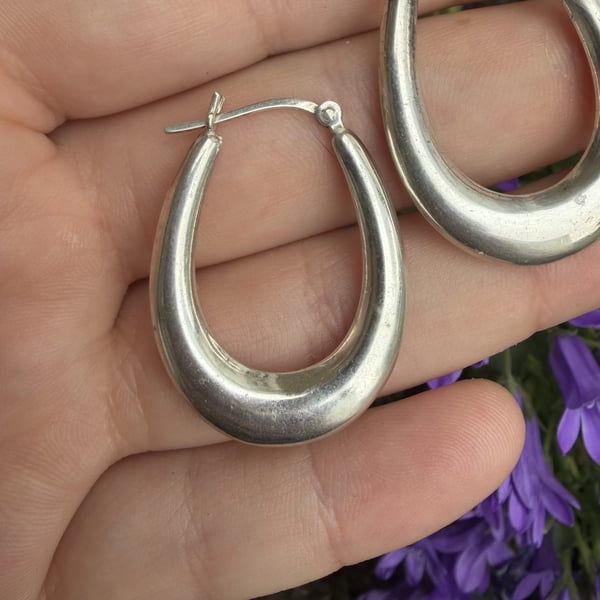 Sterling Silver 925 Oval Chunky Hoop Earrings Graduated Hollow Statement - 2