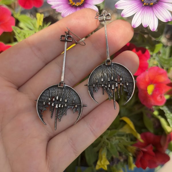 Vintage Sterling Silver 925 Brutalist Drop Earrings Modernist Long Dangle Studio - 2