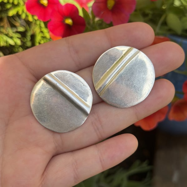 Vintage Sterling Silver Disc Earrings Hallmarked Modernist Statement Studs Large