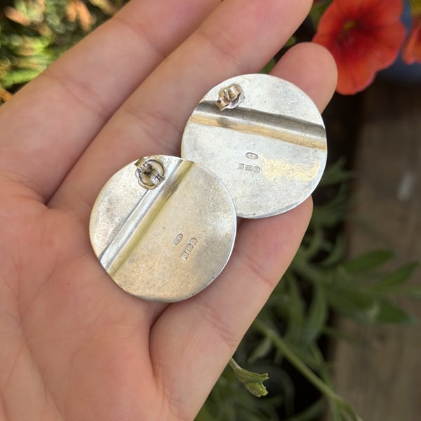 Vintage Sterling Silver Disc Earrings Hallmarked Modernist Statement Studs Large - 2