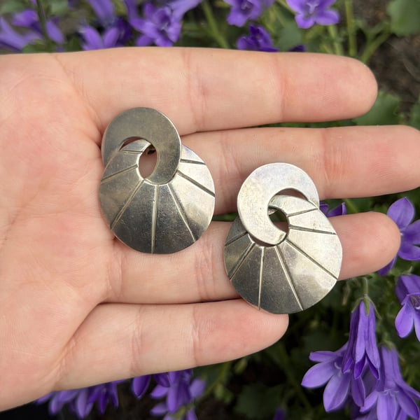 Vintage Taxco Mexico Sterling Silver Sunburst Disc Earrings Modernist Statement