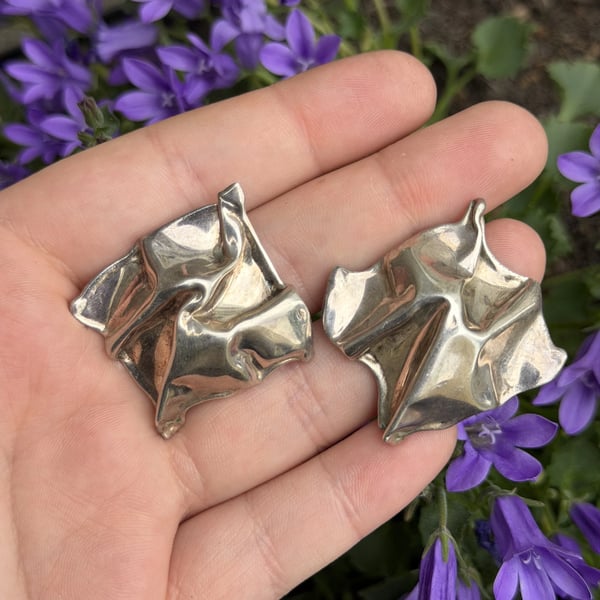 Vintage Silver Crumpled Sculptural Statement Earrings Modernist Artisan Bold