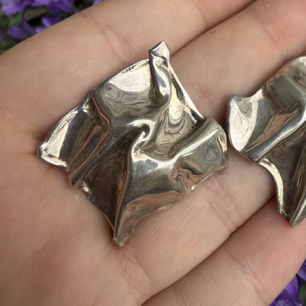 Vintage Silver Crumpled Sculptural Statement Earrings Modernist Artisan Bold - 2