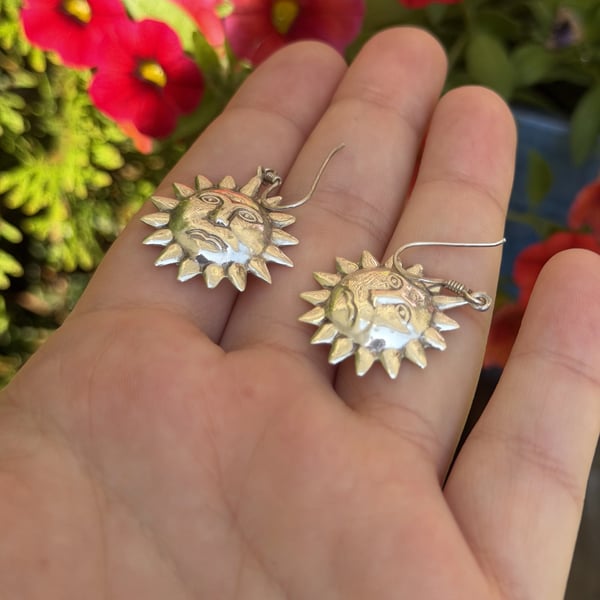Vintage Sterling Silver 925 Sun Face Drop Dangle Earrings Celestial Boho Hook - 2
