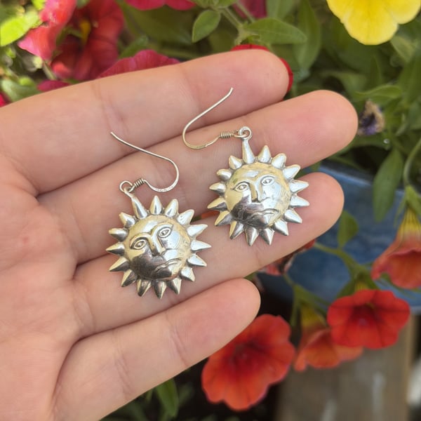 Vintage Sterling Silver 925 Sun Face Drop Dangle Earrings Celestial Boho Hook