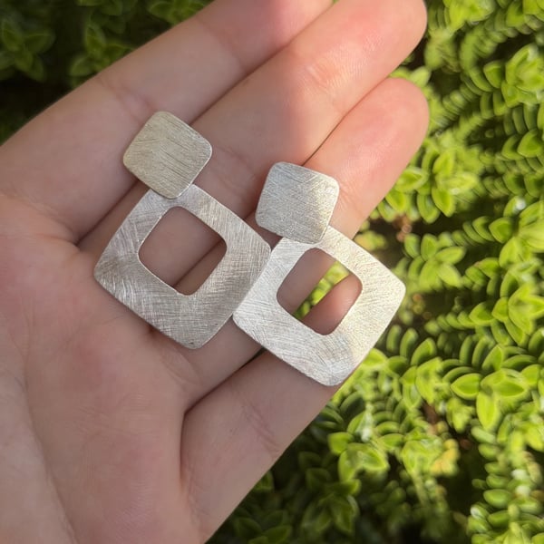Sterling Silver 925 Geometric Square Drop Earrings Brushed Matte Modernist Studs - 2
