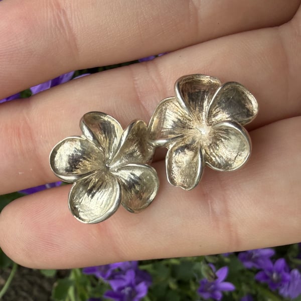 Sterling Silver 925 Plumeria Flower Stud Earrings Frangipani Brushed Floral - 2