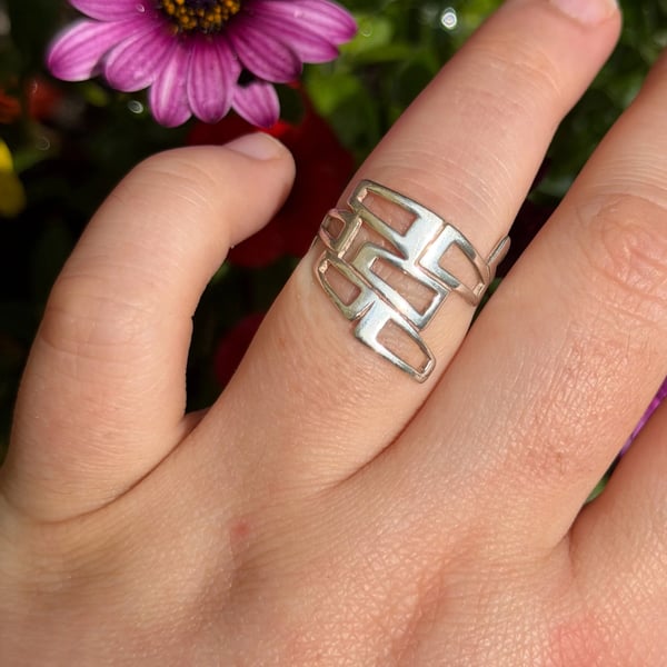 Vintage Sterling Silver Geometric Openwork Ring Modernist Statement
