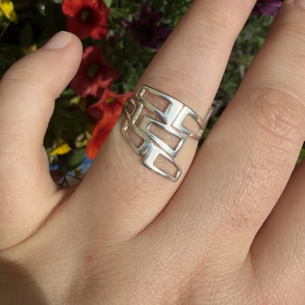 Vintage Sterling Silver Geometric Openwork Ring Modernist Statement - 2