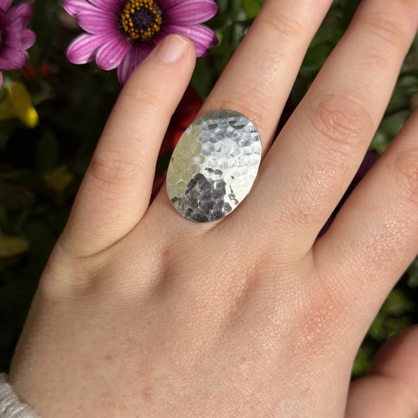 Sterling Silver Hammered Oval Ring Large Statement Disc Modernist Handmade Style