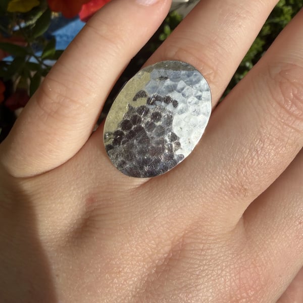 Sterling Silver Hammered Oval Ring Large Statement Disc Modernist Handmade Style - 2
