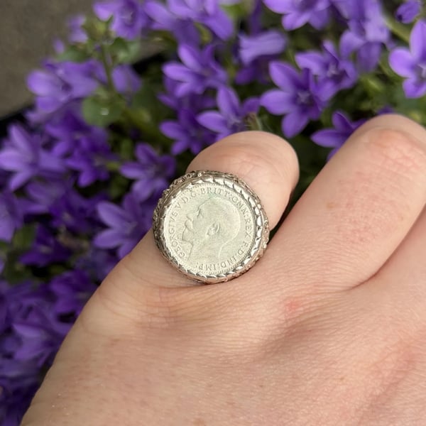 Vintage Silver George V Threepence Coin Ring 1925 Floral Flower Ring Statement