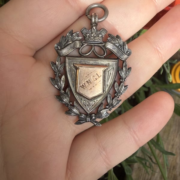 Antique Sterling Silver Rose Gold Watch Chain Fob Medal 1921 Shield - 2