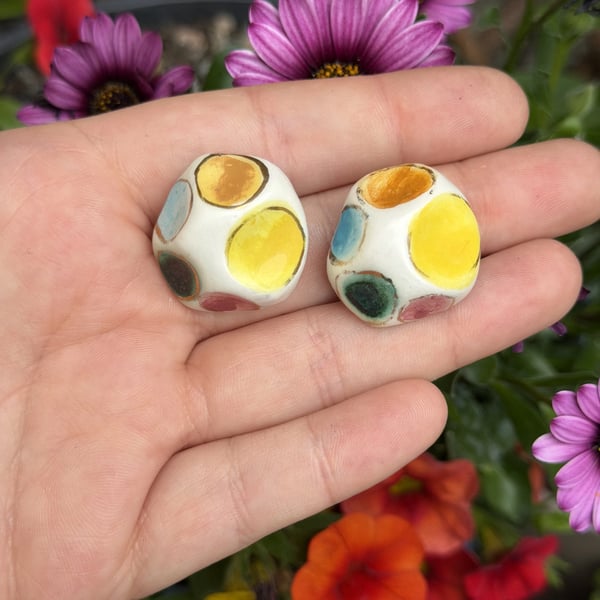 Vintage Hand Painted Ceramic Clip On Earrings Colourful Polka Dot Studio Pottery