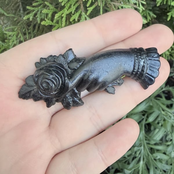 Antique Victorian Mourning Brooch Hand Holding Rose Sentimental Vulcanite Pin - 2