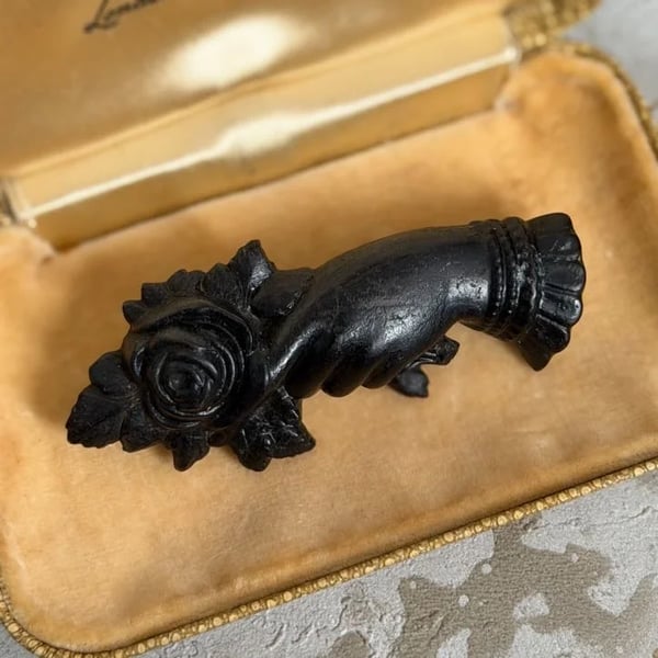 Antique Victorian Mourning Brooch Hand Holding Rose Sentimental Vulcanite Pin