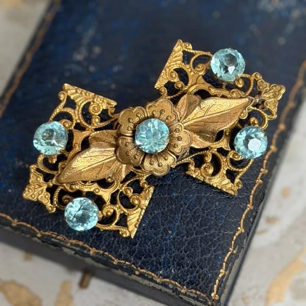 Antique Czech Gilt Brass Filigree Brooch Blue Glass Paste Stones Large Statement