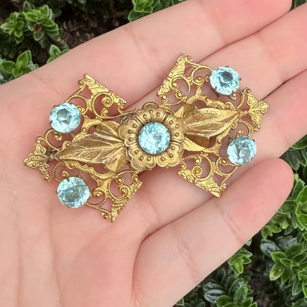 Antique Czech Gilt Brass Filigree Brooch Blue Glass Paste Stones Large Statement - 2