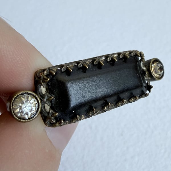Antique Victorian Bog Oak Paste Brooch Star Detail Bezel Bar Pin - 2