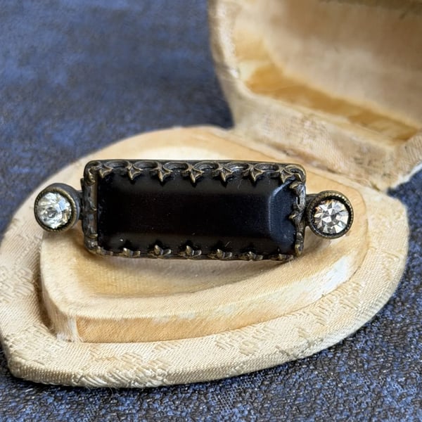 Antique Victorian Bog Oak Paste Brooch Star Detail Bezel Bar Pin