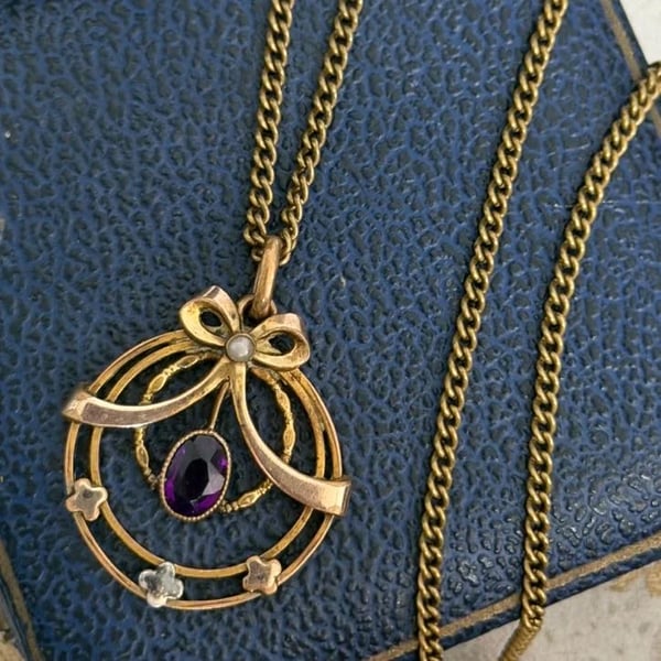 Antique Edwardian Gold Tone Amethyst Pearl Lavalier Pendant Necklace Bow