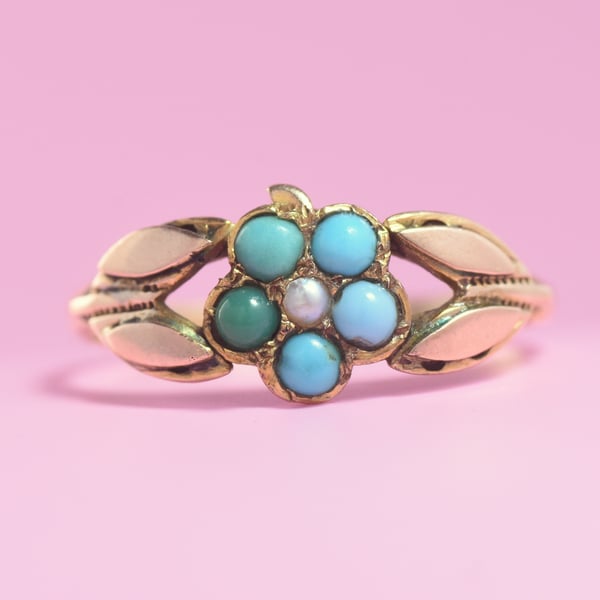 Antique Victorian 9ct Gold Turquoise Pearl Forget Me Not Ring 1877 Hallmarked