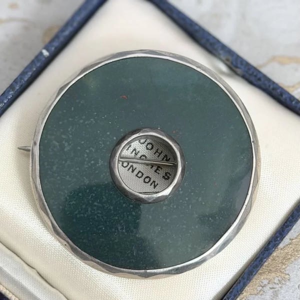 Antique Silver Bloodstone Disc Brooch Victorian Scottish Pebble Style Circle Donut