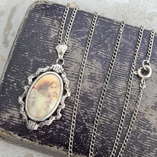 Antique Silver Madonna and Child Miniature Painting Necklace Pendant