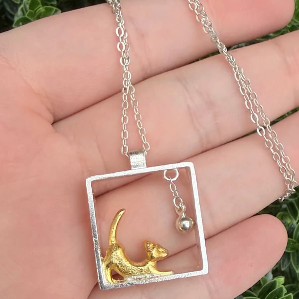 925 Sterling Silver Cute 3D Cat Playing in Box Pendant & Chain Necklace - 2