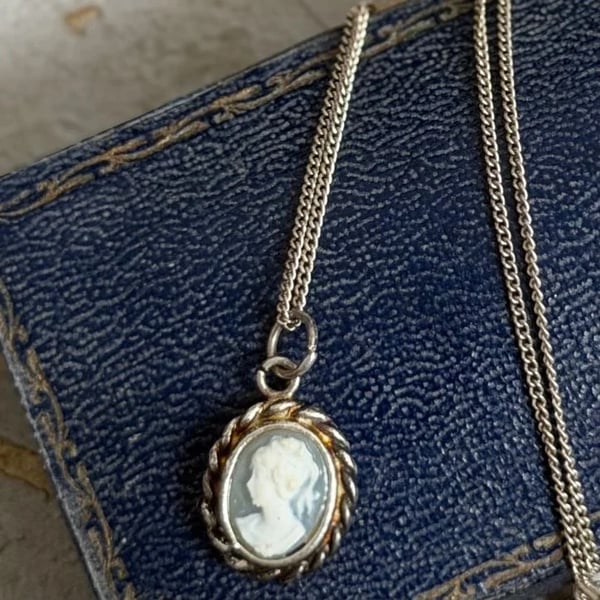 Vintage Silver Cameo Pendant Necklace Blue Wedgwood Lady Rope Twist Oval Chain